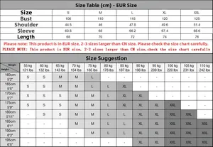 Detailed European size chart for men's long sleeve polo sweatshirt from S to XXL