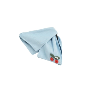 Light blue knitted scrunchie featuring embroidered cherry and pearl accents for women