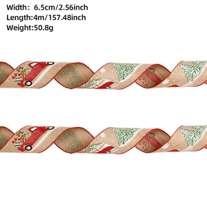 Detail of 6.5cm linen Christmas ribbon with vintage red truck and pine tree patterns