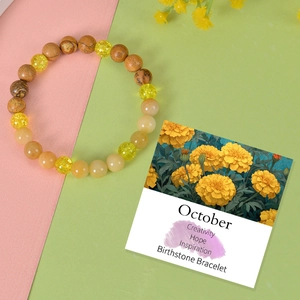 October birthstone crystal beaded bracelet with natural stone and display gift card