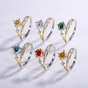 S925 silver moissanite rings in six colors with dual-tone crisscross band design