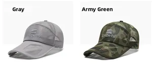 Detail view of breathable mesh sports caps in grey and camouflage with embroidered logos