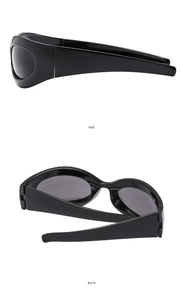 Side and back view of Y2K oval sunglasses with sleek black wraparound sport frame