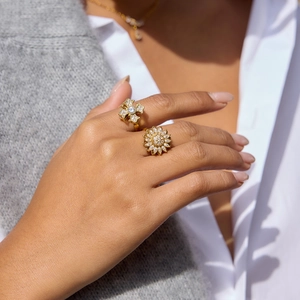 Rotating 18K gold plated sunflower and cross rings with white zircon stones for women