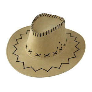 Detail of khaki suede cowboy hat with black cross stitching and woven edge craftsmanship