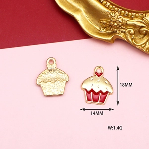 Detail of 18x14mm cupcake alloy charm with red enamel and white frosting accents