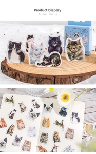 Detailed view of cute cat stickers on a wooden tray and diary for DIY journaling