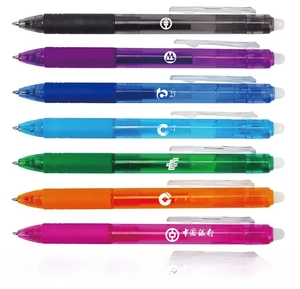 Detail of 8 assorted erasable gel pens with semi-transparent barrels and rubber erasers