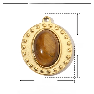 Product parameters of gold oval stainless steel pendant with brown natural stone detail