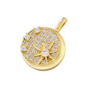 Luxurious gold circular pendant with sparkling cubic zirconia and north star motif