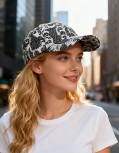 Detail of paisley pattern baseball cap on female model during outdoor street photoshoot