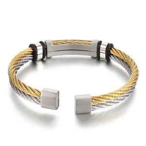 Men's two-tone gold and silver braided stainless steel cable open cuff bracelet