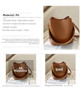 Brown PU leather bucket bag dimensions: 24cm width, 23cm height, with adjustable strap