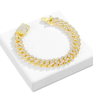 Men's hip hop 12mm gold Cuban link bracelet with iced out rhinestones on display box