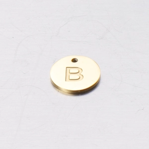 Polished gold stainless steel circular charm with engraved letter B for DIY jewelry