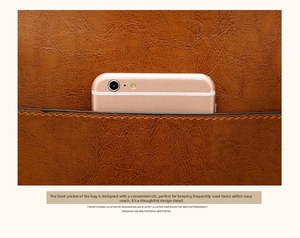 Close-up of vintage brown oil wax leather bag featuring a functional front pocket for smartphone
