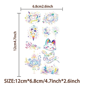 Cartoon colorful line tattoo sticker sheet showing bread and cat motifs 12x6.8cm