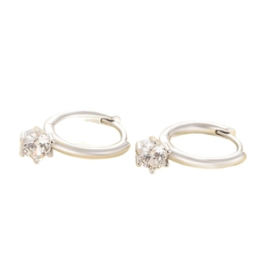 Minimalist silver hoop earrings with cubic zirconia stone in a classic six-prong setting