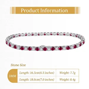 Size chart for 3mm tennis bracelet with red cubic zirconia in 6.5 and 7.0 inch lengths