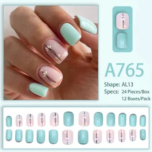 Short mint green press-on nails with cute white flower designs in a 24-piece set