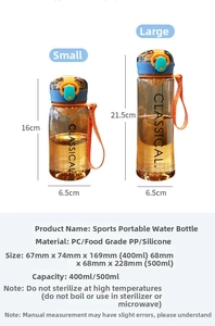 Size chart for 400ml and 500ml portable plastic sports bottles with dimensions and material details