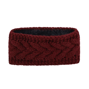 Detail of dark red cable knit headband showing warm black fleece lining texture