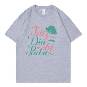 Grey cotton T-shirt featuring Spanish Feliz Día del Padre print and graphic elements