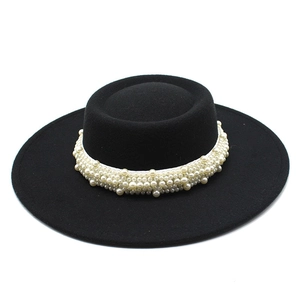 French Retro Boater Hat For Women Wide Brim Woolen Felt Flat Top Sunshade Hat With Imitation Artificial Pearl Band Elegant Summer Fashion