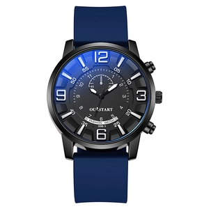 Detailed view of the black metal case and blue numeric dial of the men's quartz watch