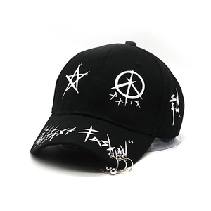 Hip hop style black baseball cap with white graffiti prints and silver metal rings decoration