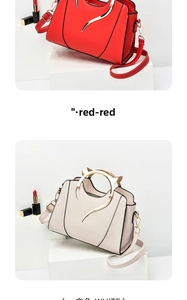 Detail of trendy handbag showing cat-ear metal handles in red and white colors