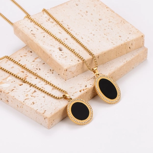 French Vintage Pendant Necklace 304 Stainless Steel Gold Plated Black Enamel Geometric Round Oval Rhinestone Retro Jewelry