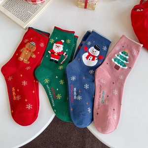 Christmas Cotton Mid Calf Socks Santa Claus Snowman Gingerbread Man Cartoon Holiday Festive Theme Women Fashion Soft