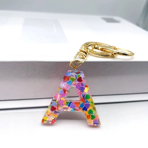 Colorful resin letter A keychain with heart sequins and gold clasp for women handbags