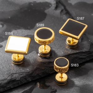 Mens gold stainless steel geometric stud earrings with black and white inlay designs