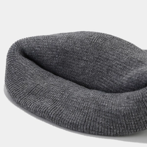Dark grey ribbed knit beanie for winter with thick folded edge and warm texture