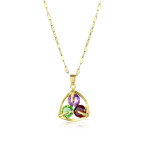 Gold clover necklace with purple green and red zircon stones on a white background