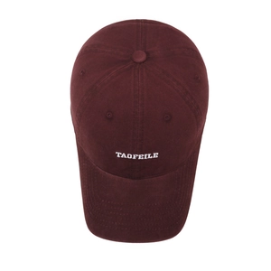 Burgundy washed cotton baseball cap with white letter embroidery in a top-down view
