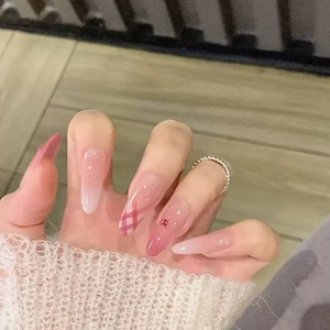 Rosa Farbverlauf Gitter Künstliche Nägel Lange Mandel Aufdrücknägel Strass Dekorative Mode Nägel Für Damen Beauty Tool