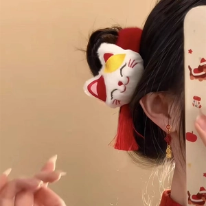New Chinese style plush Maneki Neko hair tie with red tassels and fortune knot earrings