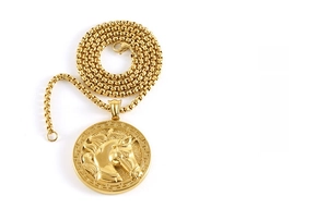 Detailed macro view of 3D horse head pendant with Greek meander border and box chain