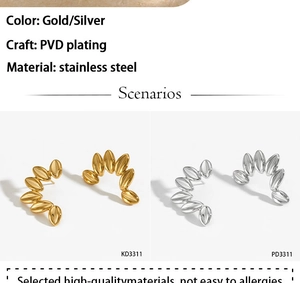 Detail of PVD plated stainless steel leaf stud earrings in gold and silver finish