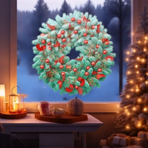 Detail of blue pine needle Christmas wreath with red ornaments against a snowy window