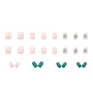 Short square press-on nails with mint green floral patterns and 24-piece nude pink set