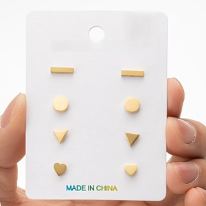 Minimalist gold stainless steel stud earrings set featuring heart and geometric shapes
