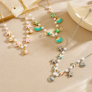 Starfish Shell Necklace Stainless Steel Faux Artificial Pearl Beads Colorful Enamel Summer Beach Clavicle Chain For Women Jewelry
