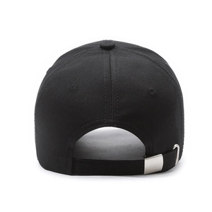 Retro distressed black cotton baseball cap with adjustable silver metal buckle back view