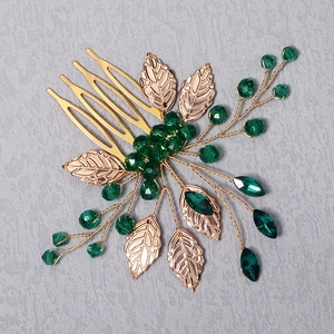Vintage gold alloy hair comb with green crystal beads and delicate leaf decorations