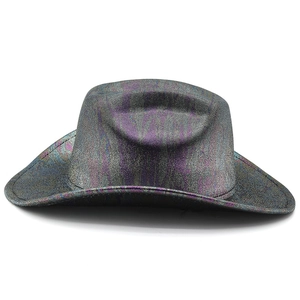 Macro shot of iridescent metallic PU leather texture on the wide brim cowboy hat