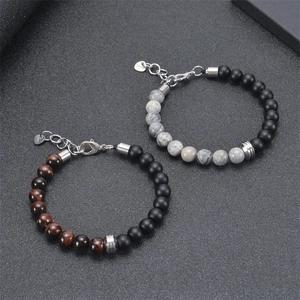 Men's 8mm map stone and tiger eye beaded bracelet set with stainless steel clasp